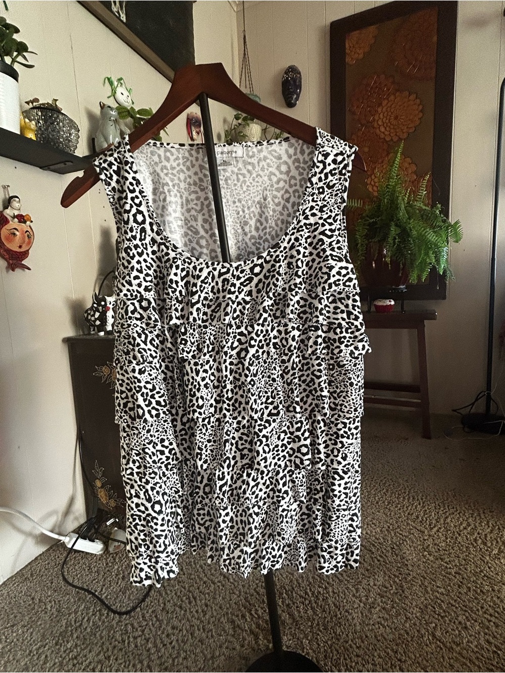 Liz Claiborne Black and White Leopard Ruffle Tiered Tank